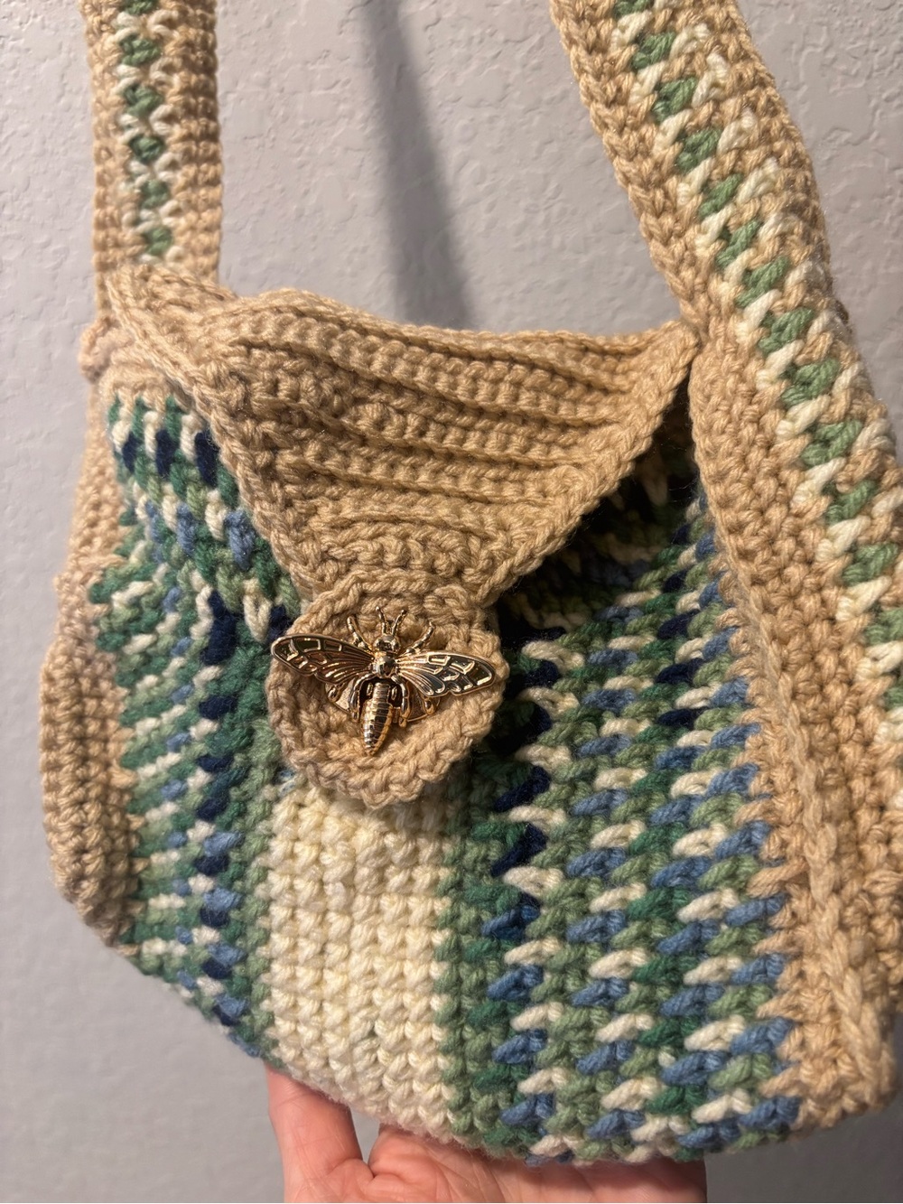 Handmade Crochet Shoulder Bag Bee Clasp Green Blue Boho Cottagecore Purse